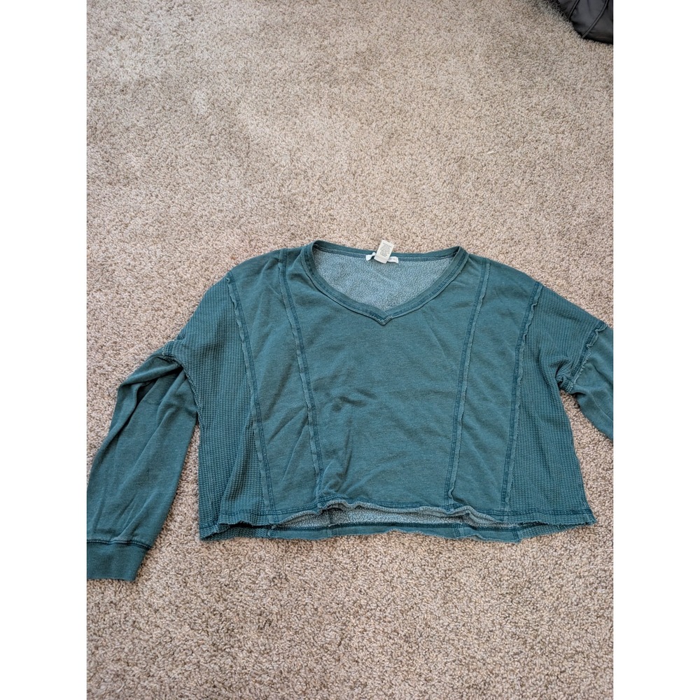 Altar'd State Teal V-Neck Cropped Sweatshirt Waffle Knit Panel A2181K783JI Large